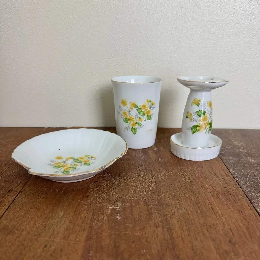 Vintage‎ Japan Porcelain 3pc Bathroom Set Yellow Floral Gold Trim Shell Dish Cup